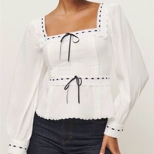 Reformation cotton cottage Elegant White Blouse with Black ribbons